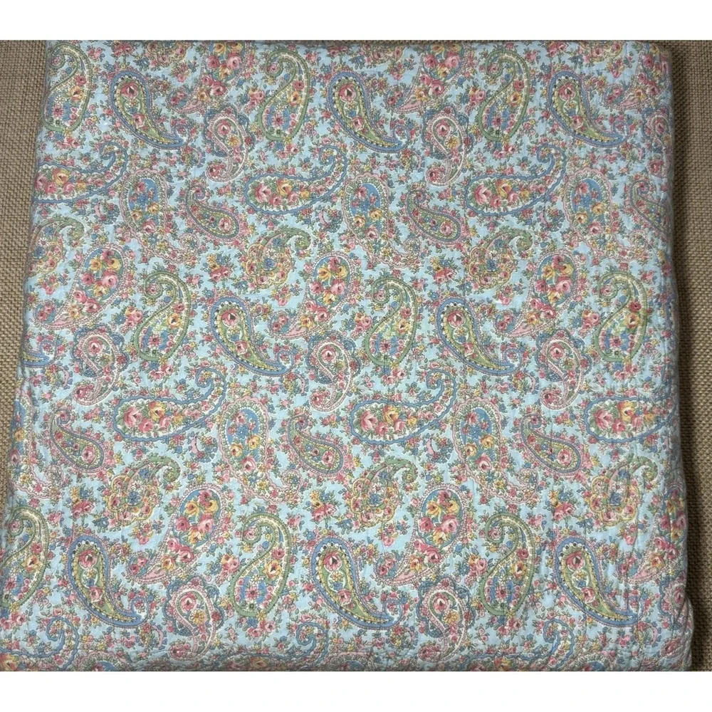 Ralph Lauren Quilt Paisley Floral Queen Shabby Chic Coverlet Blue Pink Stripes
